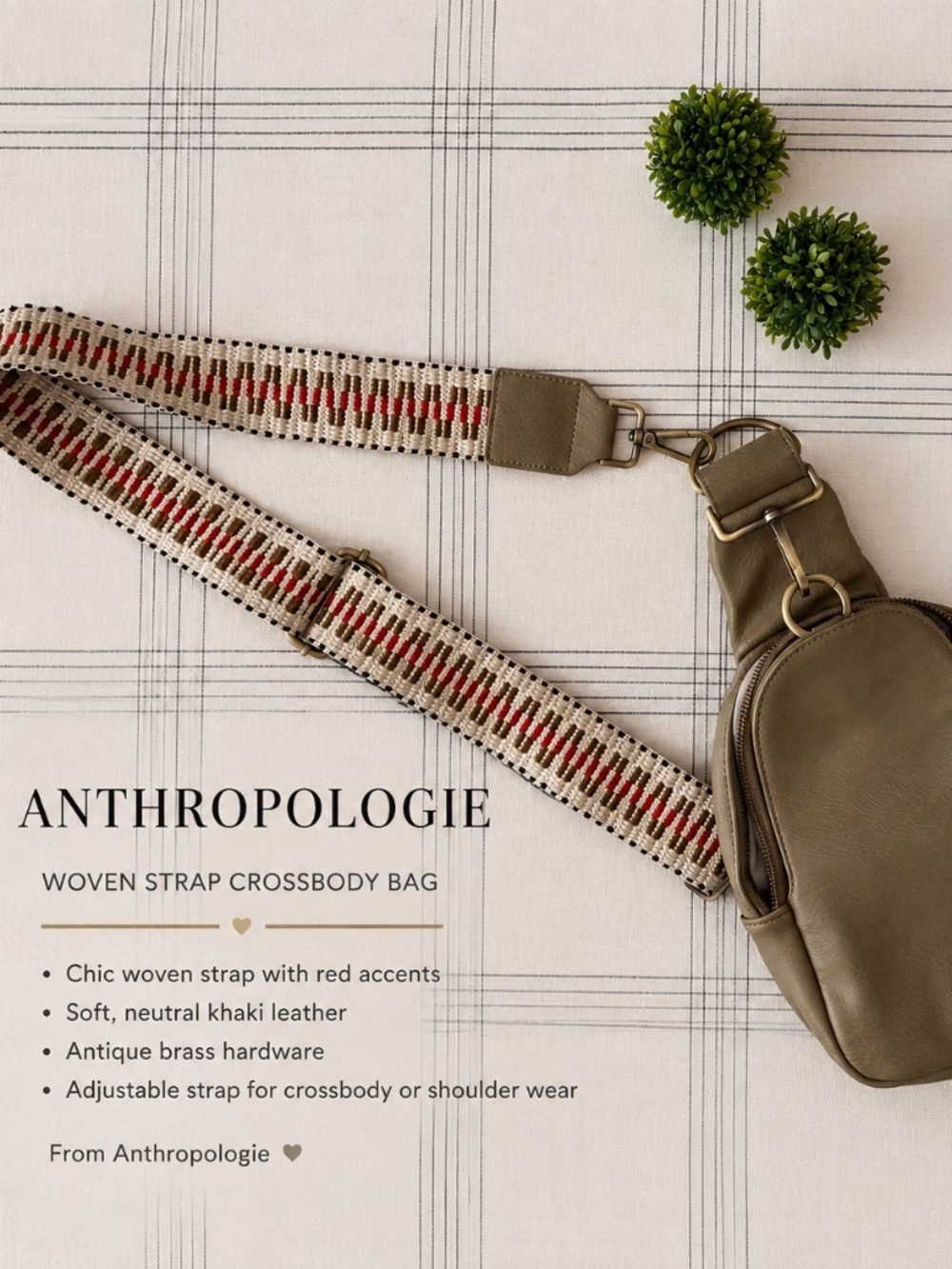 Anthropologie Taupe Sling Crossbody Bag with Woven Strap